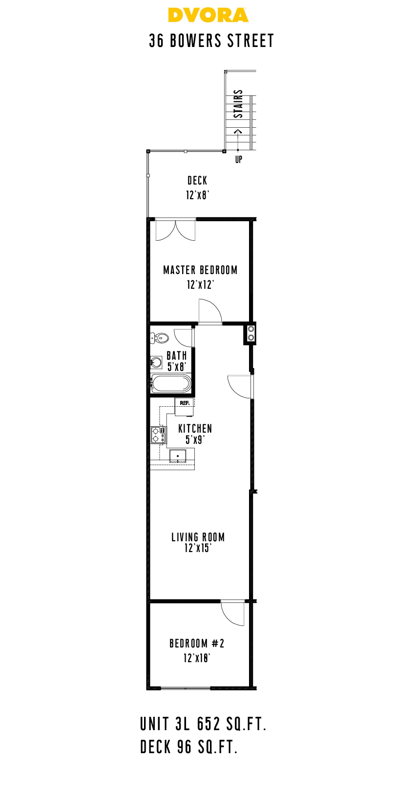 Floor plan for 2 beds, 1 bath, 652 sqft